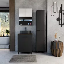 HD Paris Matt Black 60 álló mosdószekrény tölgyfa színű mosdópulttal és matt fekete elemekkel