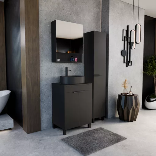 HD Paris Matt Black 60 álló mosdószekrény matt fekete mosdópulttal és matt fekete elemekkel