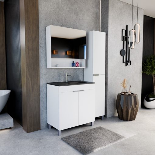 HD Paris Matt White 80 álló mosdószekrény fényes króm elemekkel és matt fekete slim mosdóval