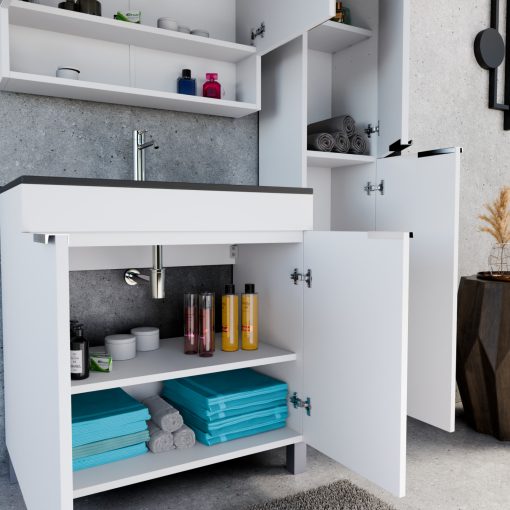 HD Paris Matt White 80 álló mosdószekrény fényes króm elemekkel és matt fekete slim mosdóval