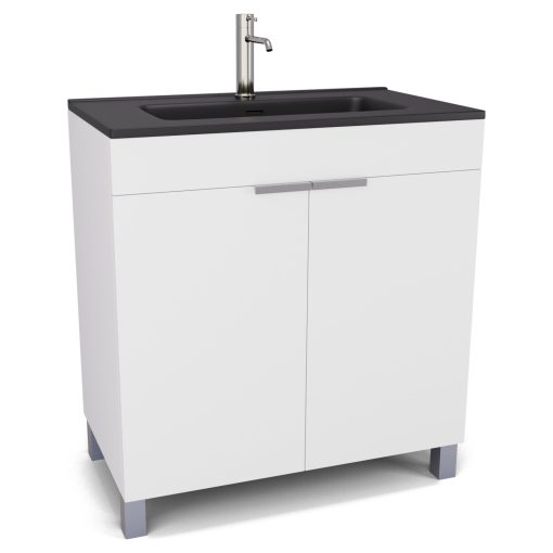 HD Paris Matt White 80 álló mosdószekrény szálcsiszolt króm elemekkel és matt fekete slim mosdóval