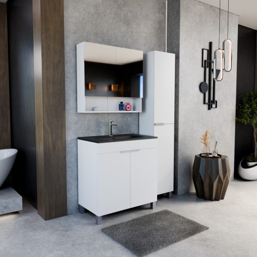 HD Paris Matt White 80 álló mosdószekrény szálcsiszolt króm elemekkel és matt fekete slim mosdóval