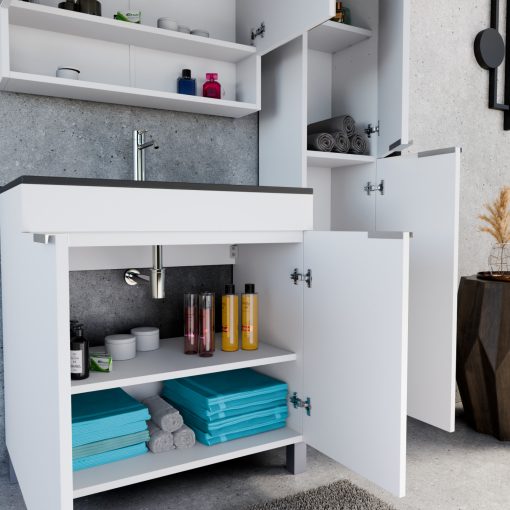 HD Paris Matt White 80 álló mosdószekrény szálcsiszolt króm elemekkel és matt fekete slim mosdóval