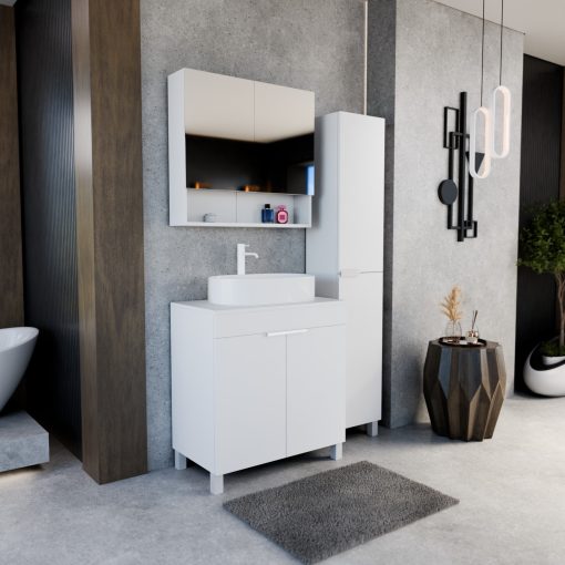 HD Paris Matt White 80 álló mosdószekrény matt fehér mosdópulttal és matt fehér elemekkel