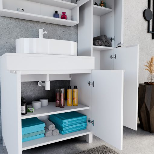 HD Paris Matt White 80 álló mosdószekrény matt fehér mosdópulttal és matt fehér elemekkel