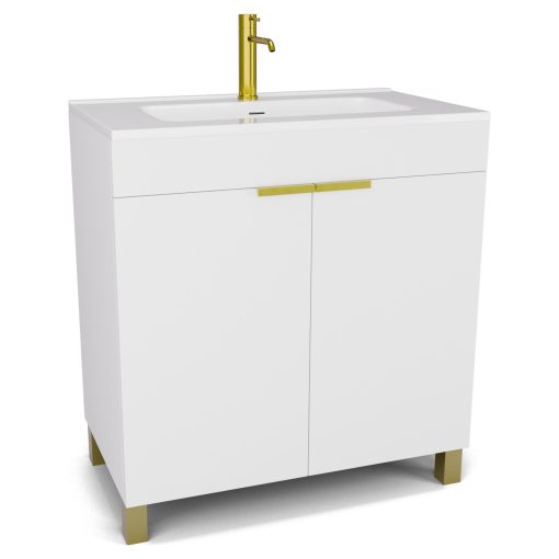 HD Paris Matt White 80 álló mosdószekrény szálcsiszolt arany elemekkel és fényes fehér slim mosdóval