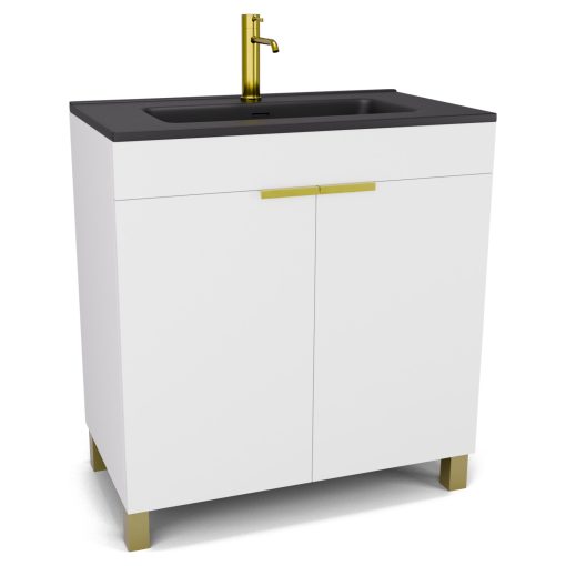 HD Paris Matt White 80 álló mosdószekrény szálcsiszolt arany elemekkel és matt fekete slim mosdóval