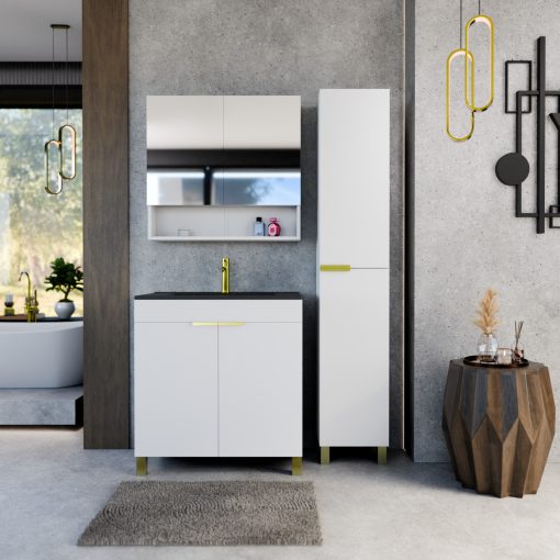 HD Paris Matt White 80 álló mosdószekrény szálcsiszolt arany elemekkel és matt fekete slim mosdóval