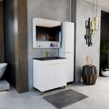 HD Paris Matt White 80 álló mosdószekrény szálcsiszolt arany elemekkel és matt fekete slim mosdóval