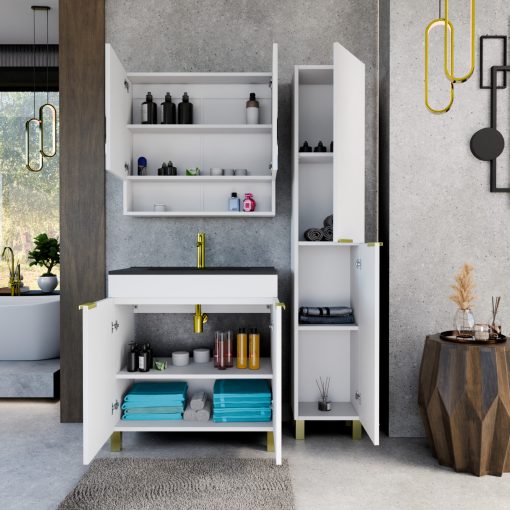 HD Paris Matt White 80 álló mosdószekrény szálcsiszolt arany elemekkel és matt fekete slim mosdóval