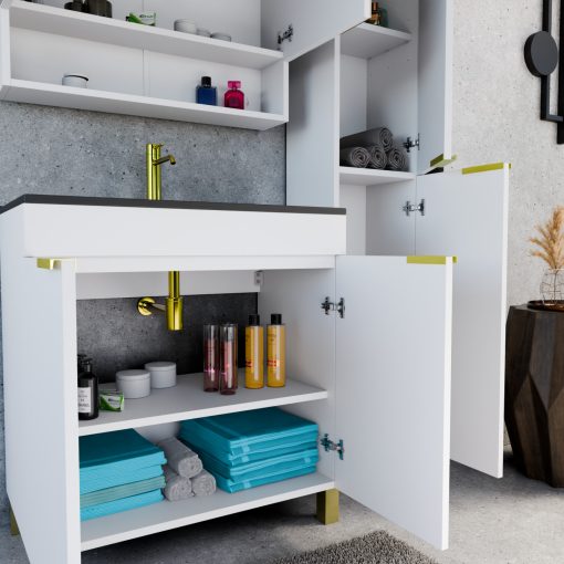 HD Paris Matt White 80 álló mosdószekrény szálcsiszolt arany elemekkel és matt fekete slim mosdóval