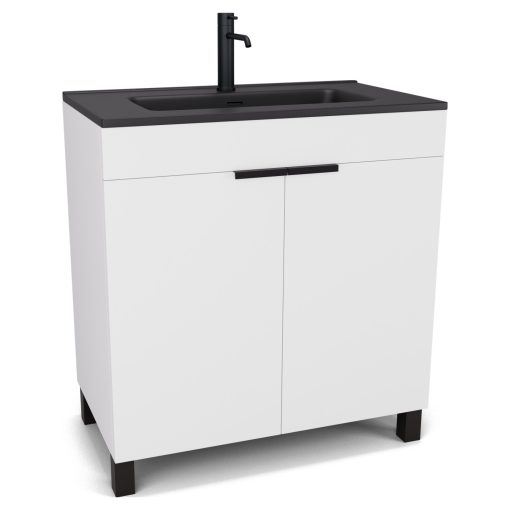 HD Paris Matt White 80 álló mosdószekrény matt fekete elemekkel és matt fekete slim mosdóval