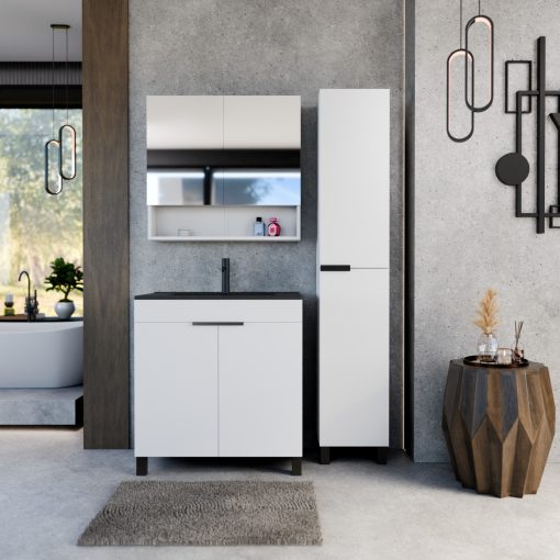 HD Paris Matt White 80 álló mosdószekrény matt fekete elemekkel és matt fekete slim mosdóval