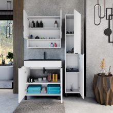 HD Paris Matt White 80 álló mosdószekrény matt fekete elemekkel és matt fekete slim mosdóval