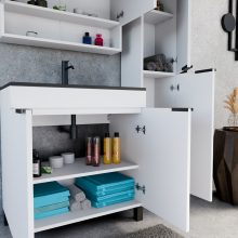 HD Paris Matt White 80 álló mosdószekrény matt fekete elemekkel és matt fekete slim mosdóval