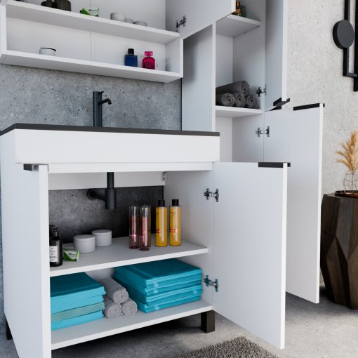 HD Paris Matt White 80 álló mosdószekrény matt fekete elemekkel és matt fekete slim mosdóval