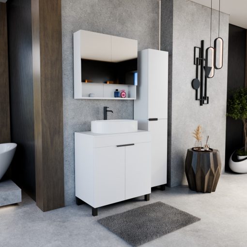 HD Paris Matt White 80 álló mosdószekrény matt fehér mosdópulttal és matt fekete elemekkel