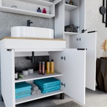 HD Paris Matt White 80 álló mosdószekrény tölgyfa színű mosdópulttal és matt fekete elemekkel