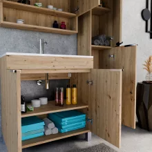 HD Paris Oak 80 álló mosdószekrény fényes króm elemekkel és fényes fehér slim mosdóval