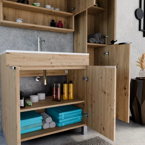 HD Paris Oak 80 álló mosdószekrény fényes króm elemekkel és fényes fehér slim mosdóval