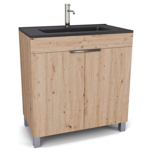 HD Paris Oak 80 álló mosdószekrény fényes króm elemekkel és matt fekete slim mosdóval