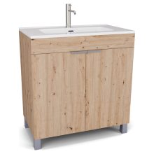 HD Paris Oak 80 álló mosdószekrény szálcsiszolt króm elemekkel és fényes fehér slim mosdóval