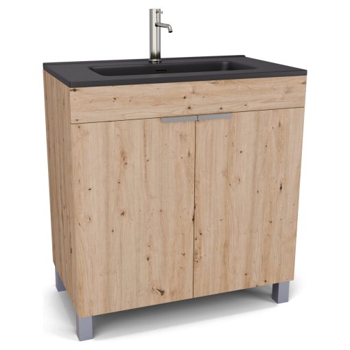 HD Paris Oak 80 álló mosdószekrény szálcsiszolt króm elemekkel és matt fekete slim mosdóval