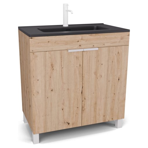 HD Paris Oak 80 álló mosdószekrény matt fehér elemekkel és matt fekete slim mosdóval