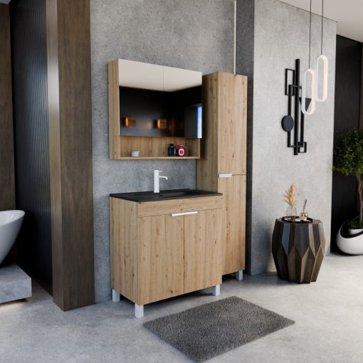 HD Paris Oak 80 álló mosdószekrény matt fehér elemekkel és matt fekete slim mosdóval