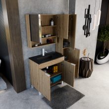 HD Paris Oak 80 álló mosdószekrény matt fehér elemekkel és matt fekete slim mosdóval