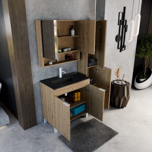 HD Paris Oak 80 álló mosdószekrény matt fehér elemekkel és matt fekete slim mosdóval