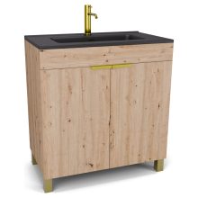 HD Paris Oak 80 álló mosdószekrény szálcsiszolt arany elemekkel és matt fekete slim mosdóval