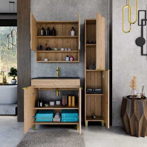 HD Paris Oak 80 álló mosdószekrény szálcsiszolt arany elemekkel és matt fekete slim mosdóval