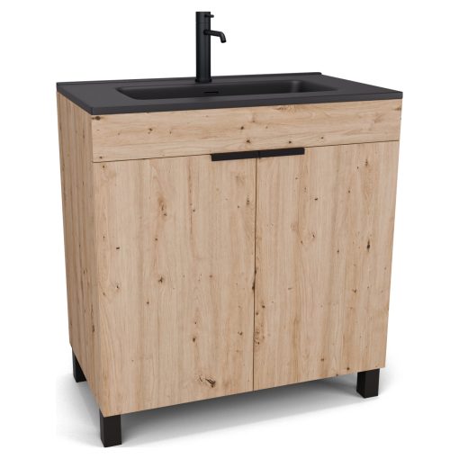 HD Paris Oak 80 álló mosdószekrény matt fekete elemekkel és matt fekete slim mosdóval