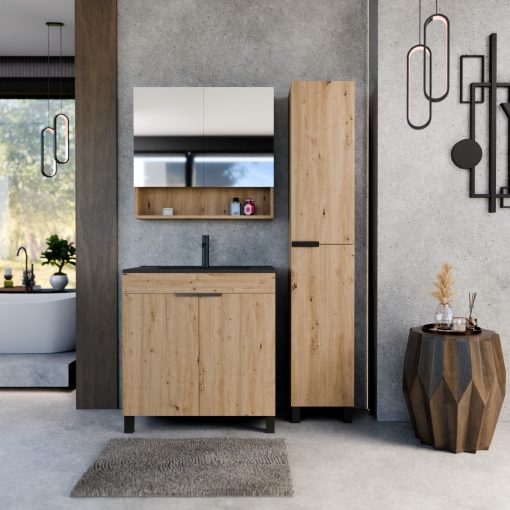 HD Paris Oak 80 álló mosdószekrény matt fekete elemekkel és matt fekete slim mosdóval