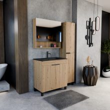 HD Paris Oak 80 álló mosdószekrény matt fekete elemekkel és matt fekete slim mosdóval