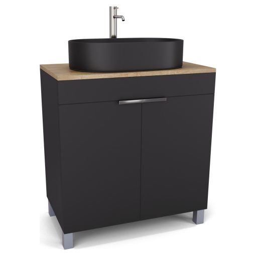 HD Paris Matt Black 80 álló mosdószekrény tölgyfa színű mosdópulttal és fényes króm elemekkel
