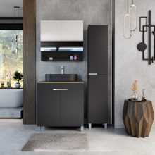 HD Paris Matt Black 80 álló mosdószekrény tölgyfa színű mosdópulttal és fényes króm elemekkel