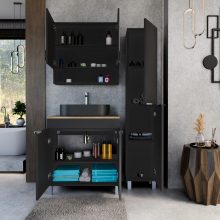 HD Paris Matt Black 80 álló mosdószekrény tölgyfa színű mosdópulttal és fényes króm elemekkel