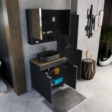 HD Paris Matt Black 80 álló mosdószekrény tölgyfa színű mosdópulttal és fényes króm elemekkel