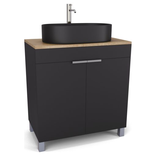 HD Paris Matt Black 80 álló mosdószekrény tölgyfa színű mosdópulttal és szálcsiszolt króm elemekkel