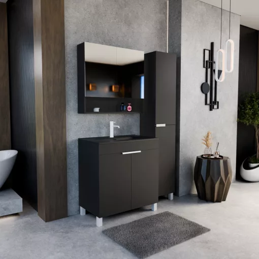 HD Paris Matt Black 80 álló mosdószekrény matt fehér elemekkel és matt fekete slim mosdóval