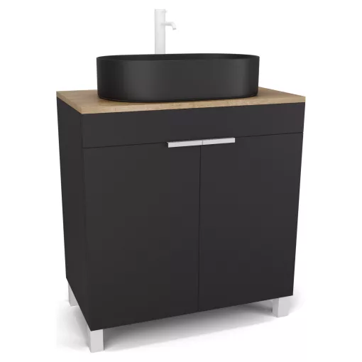 HD Paris Matt Black 80 álló mosdószekrény tölgyfa színű mosdópulttal és matt fehér elemekkel