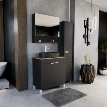 HD Paris Matt Black 80 álló mosdószekrény tölgyfa színű mosdópulttal és matt fehér elemekkel