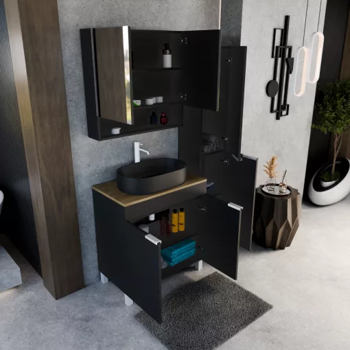 HD Paris Matt Black 80 álló mosdószekrény tölgyfa színű mosdópulttal és matt fehér elemekkel