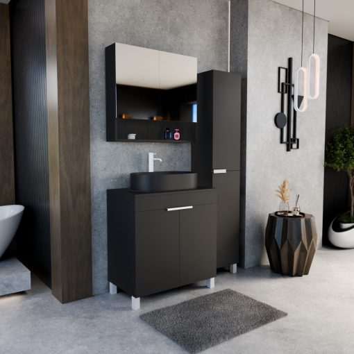 HD Paris Matt Black 80 álló mosdószekrény matt fekete mosdópulttal és matt fehér elemekkel