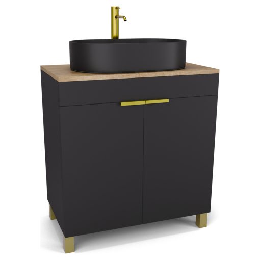 HD Paris Matt Black 80 álló mosdószekrény tölgyfa színű mosdópulttal és szálcsiszolt arany elemekkel