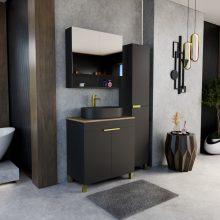 HD Paris Matt Black 80 álló mosdószekrény tölgyfa színű mosdópulttal és szálcsiszolt arany elemekkel