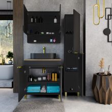 HD Paris Matt Black 80 álló mosdószekrény tölgyfa színű mosdópulttal és szálcsiszolt arany elemekkel