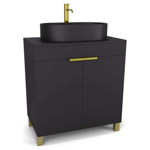 HD Paris Matt Black 80 álló mosdószekrény matt fekete mosdópulttal és szálcsiszolt arany elemekkel